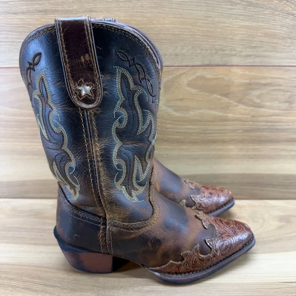 Tony Lama Vaquero Brown Western Boots Girls 12 Brown Tooled‎ Leather Rodeo Ranch